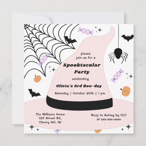 Pink Witch Hat Halloween Any Year Birthday  Invitation