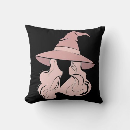 Pink Witch with big Hat Throw Pillow