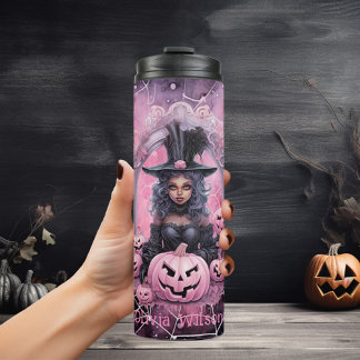 Pink Witchy Spiderwebs Halloween Personalized Thermal Tumbler
