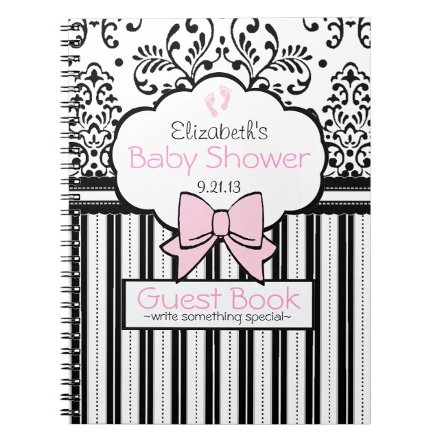 Pink with Black Damask Baby Shower Guest Book- Notebook (Front)