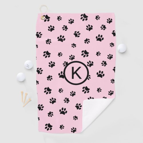 Pink with Black Paw Prints Monogram Golf Towel