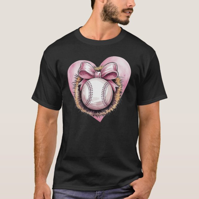 Pink With Bow And Heart – Cute Softball Aesthetic  T-Shirt (Front)