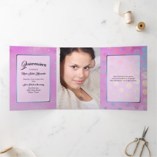 Pink with Confetti and Custom Photo Quinceañera Tri-Fold Invitation