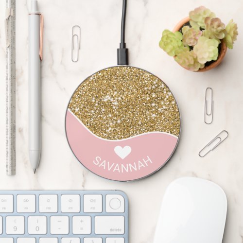 Pink With Faux Golden Yellow Glitter And Name  Wireless Charger