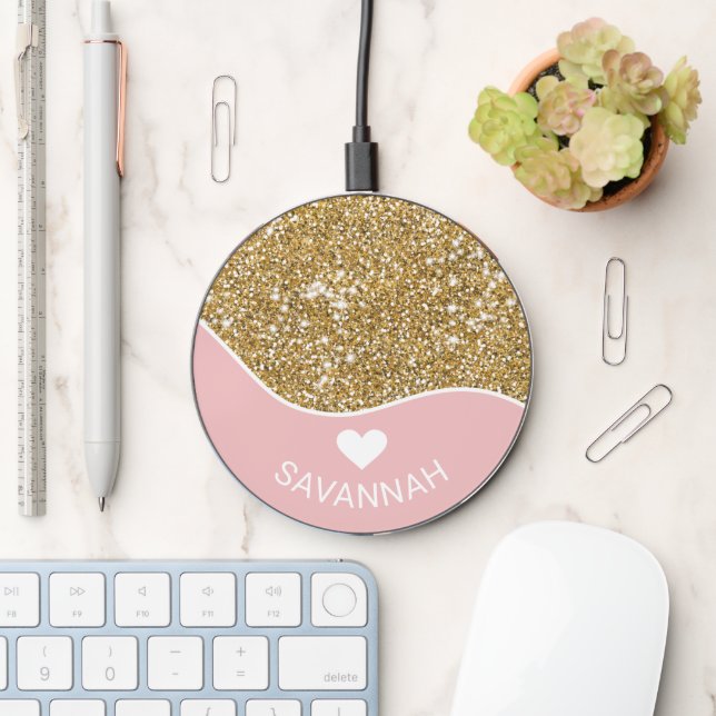 Pink With Faux Golden Yellow Glitter And Name  Wireless Charger (Desk)