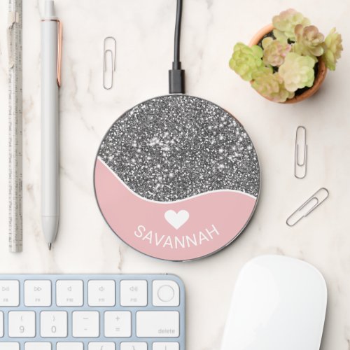 Pink With Faux Silver_Gray Glitter Texture  Name Wireless Charger