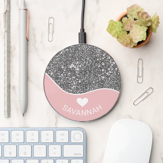 Pink With Faux Silver-Gray Glitter Texture & Name Wireless Charger (Desk)