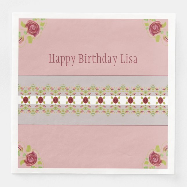 Pink With Floral Paper Dinner Napkins (Front)