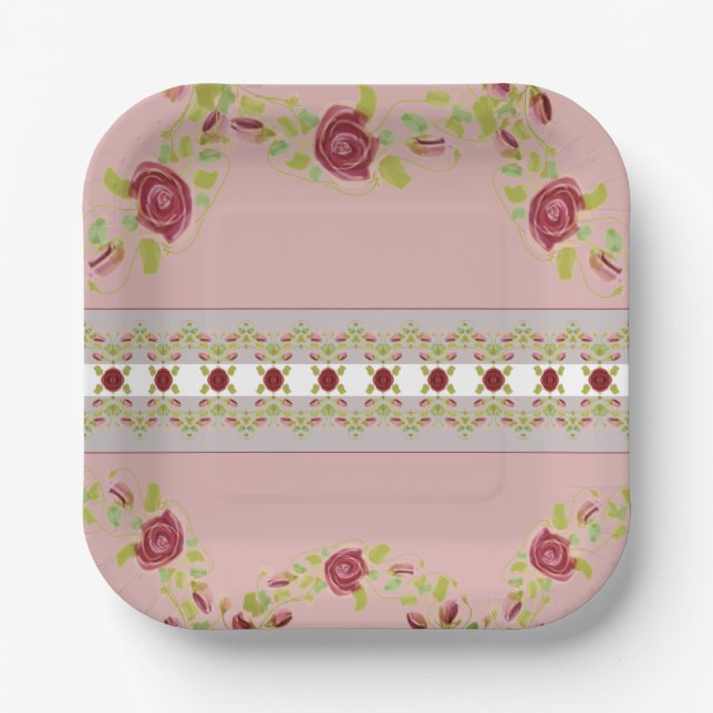 Pink With Floral Pattern Paper Plates (Front)