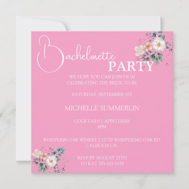 Pink with Flowers Bachelorette Party Invitation (Front)