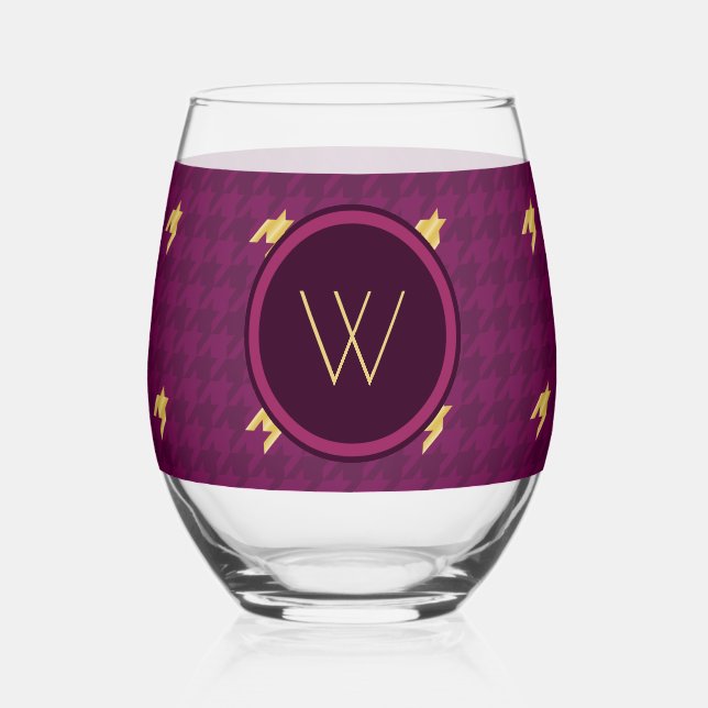 Pink with Gold Accent Houndstooth Stemless Wine Glass (Front)