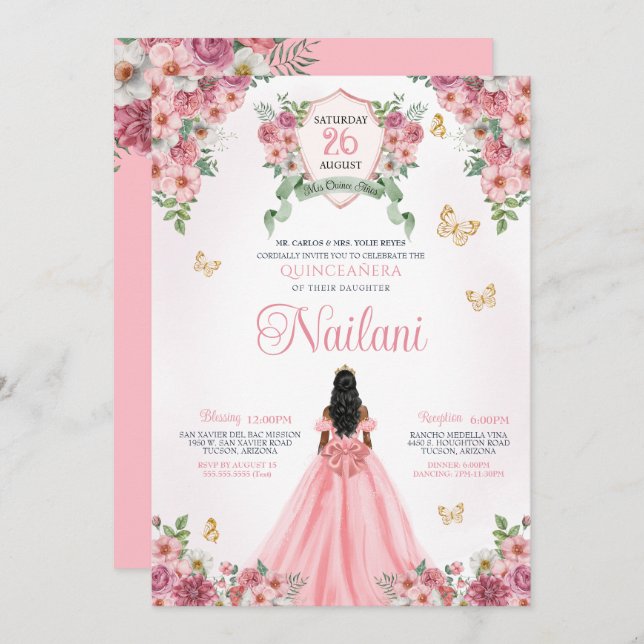 Pink with Gold Butterflies Rose Bloom Quinceanera Invitation (Front/Back)