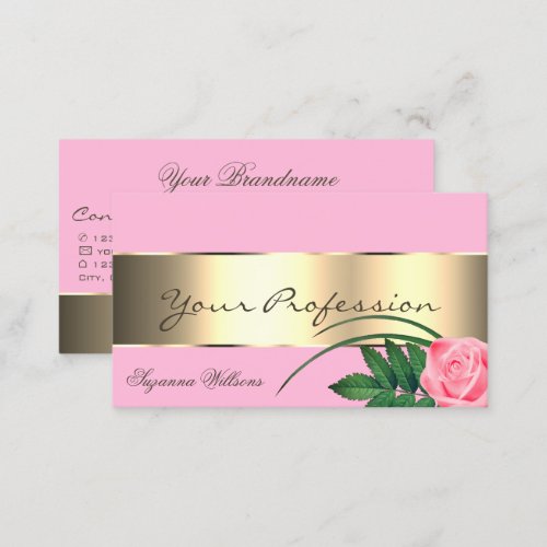 Pink with Gold Decor and Cute Rose Flower Modern Business Card