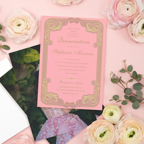 Pink with Gold Frame Quinceaera Photo Invitation