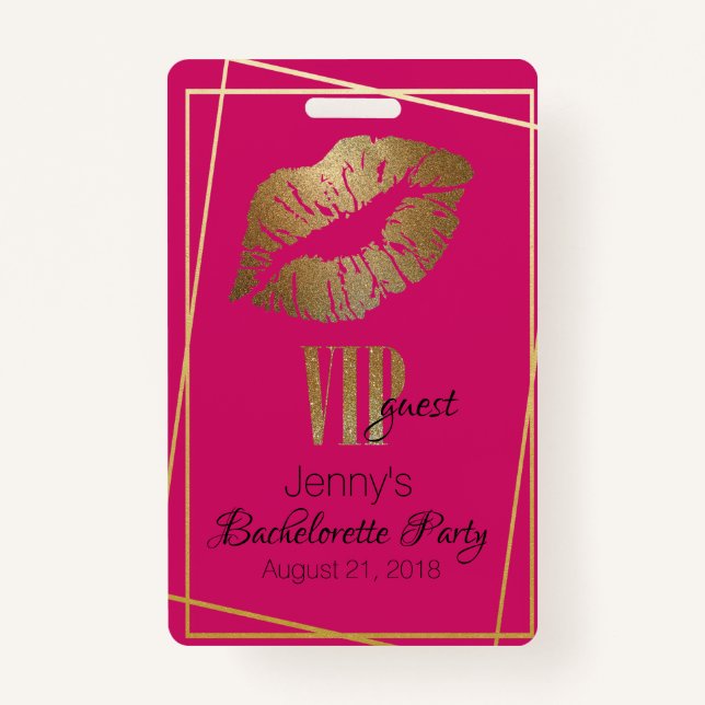 Pink with Gold Lip Print Bachelorette Party Badge (Front)