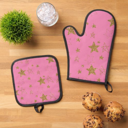 Pink with Gold Stars Oven Mitt  Pot Holder Set