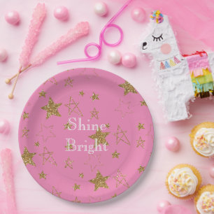 Pink with Gold Stars Paper Plates