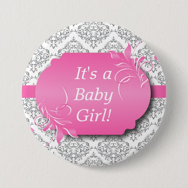 Pink with Gray Damask Pattern Pinback Button (Front)