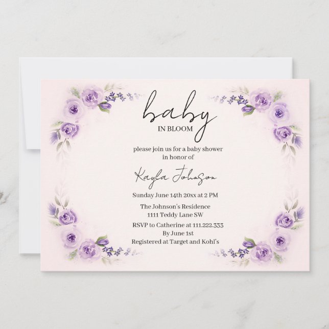 Pink with Lavender Rose Baby Shower Invitation (Front)