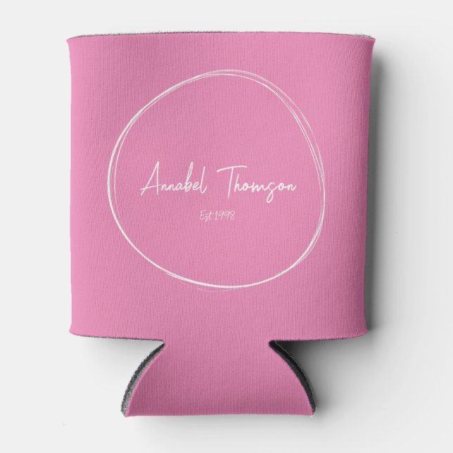 Pink with Name in Drawn Circle Can Cooler (Front)