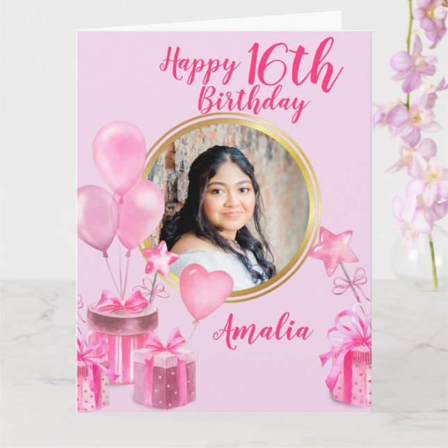 Pink with presents and balloons round photo  card (Orchid)