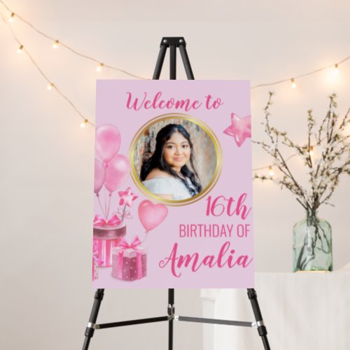 Pink with presents and balloons round photo foam board