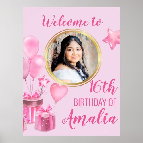 Pink with presents and balloons round photo poster