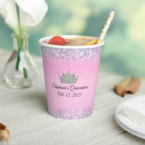 Pink with Silver Crown and Glitter Quinceaera Paper Cups