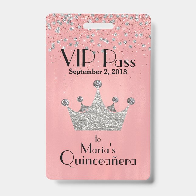 Pink with Silver Crown Quinceañera VIP Badge (Front)