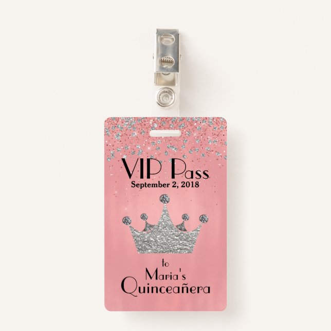 Pink with Silver Crown Quinceañera VIP Badge (Front with Clip)