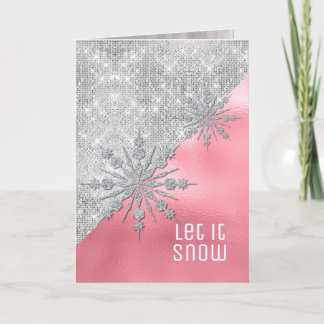 Pink with Silver Glitter Snowflakes Christmas Card