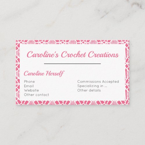 Pink With White Crochet Lace Pattern Business Card