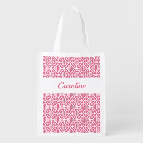 Pink With White Crochet Lace Pattern Grocery Bag