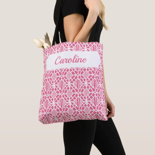 Pink With White Crochet Lace Pattern Tote Bag