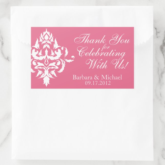 Pink with White Damask Rectangle Wedding Stickers (Bag)