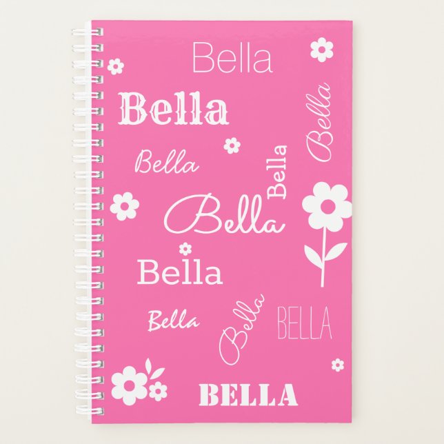 Pink with White Flowers, Custom Name Planner (Front)
