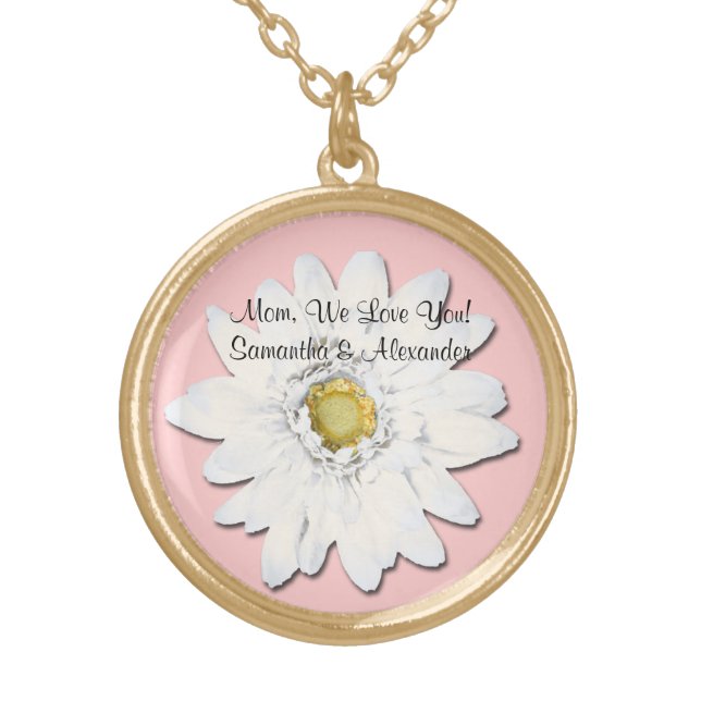 Pink with White Gerbera Daisy Personalized Text Gold Plated Necklace (Front)