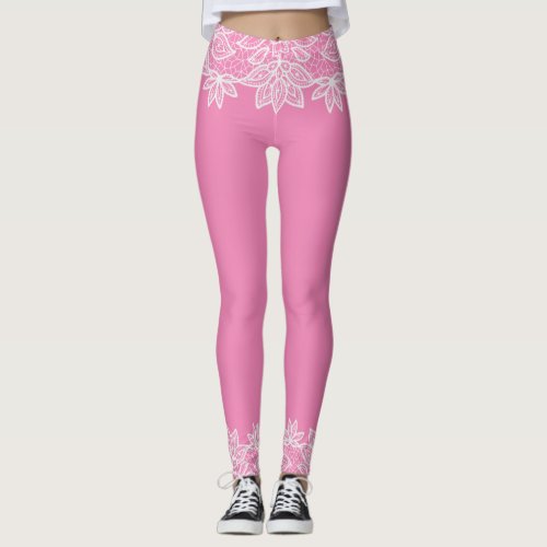 Pink with White Lace Look Spandex Leggings