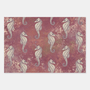 Pink with White Seahorse Wrapping Paper Sheets