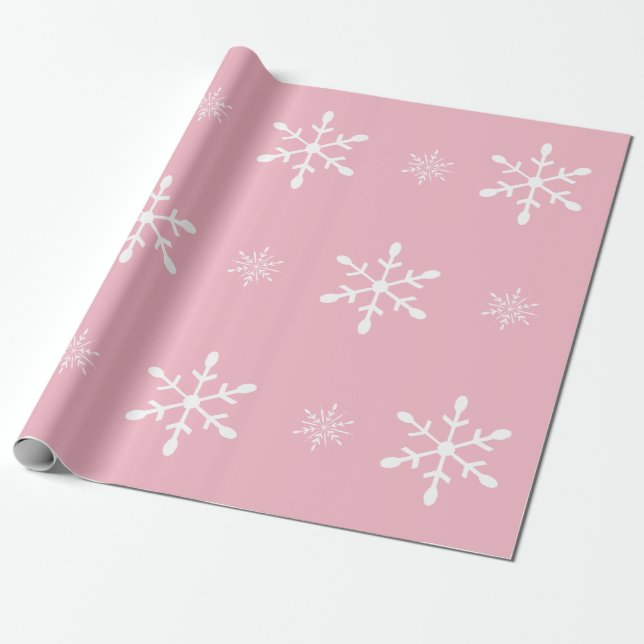 Pink with White Snowflakes | Christmas Wrapping Paper (Unrolled)