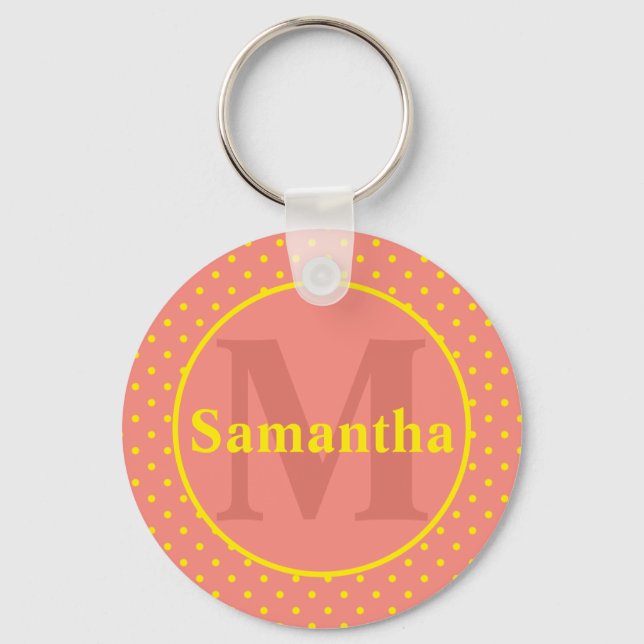 Pink With Yellow Polka Dots Monogram Personalized Keychain (Front)