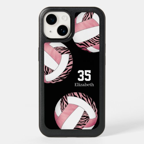 pink with zebra pattern personalized volleyball OtterBox iPhone 14 case