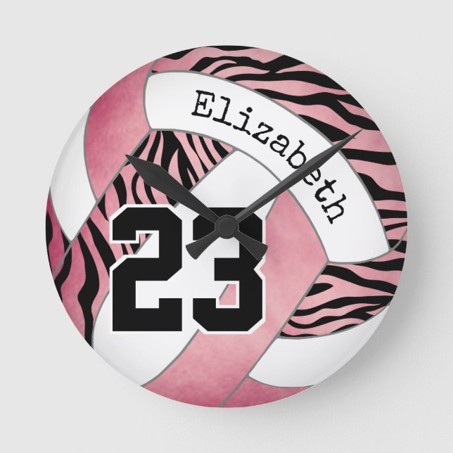pink with zebra pattern personalized volleyball round clock (Front)