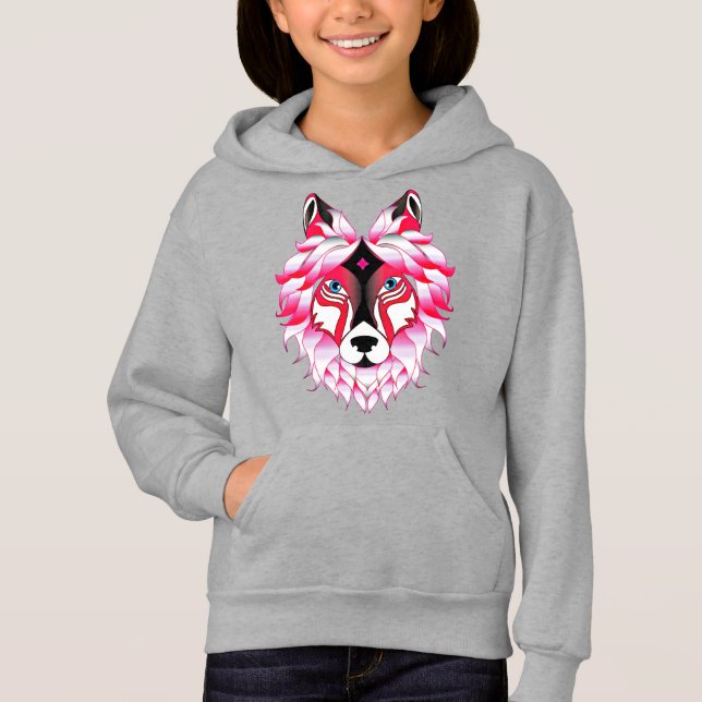Pink Wolf Head Polygon Design-24531 Hoodie (Front)