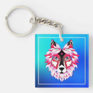 Pink Wolf Head Polygon Design-24531 Keychain