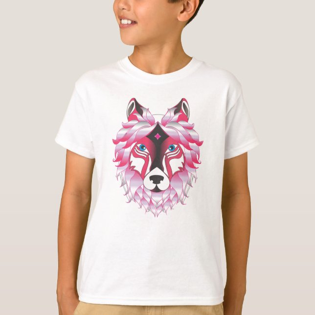Pink Wolf Head Polygon Design-24531 T-Shirt (Front)