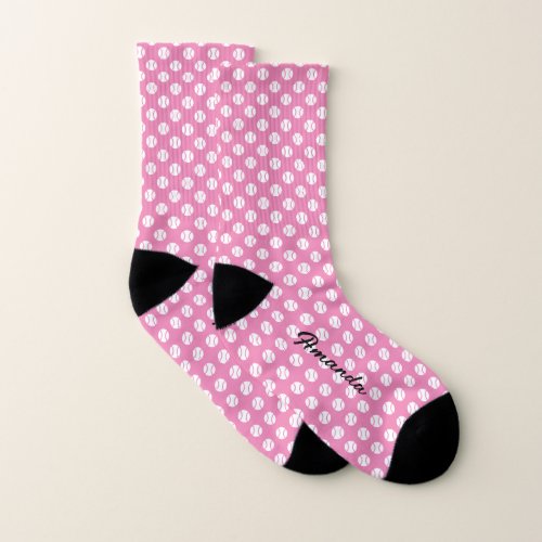 Pink womens socks with cute tennis ball pattern