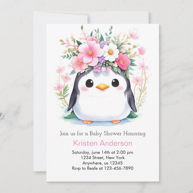 Pink Wonderland Penguin's Joy Girl Baby Shower Invitation (Front)