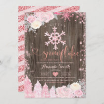 Pink Wood A Little Snowflake Floral Baby Shower  Invitation