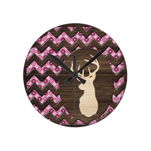 Pink Wood Chevron Deer Buck Round Clock